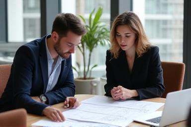 Two people discussing project over blueprints